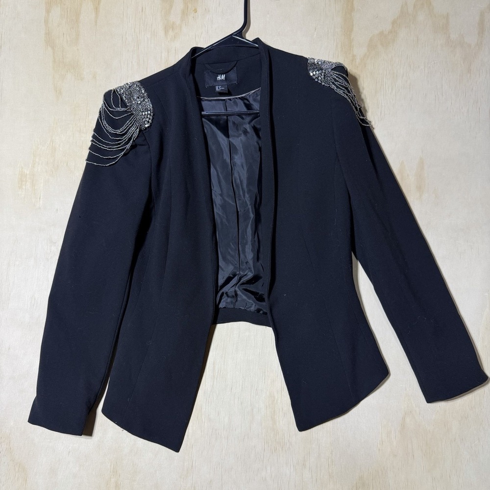 H&M Women's Blazer Size 8 Black Beaded Chain Epaulet Open Front Jacket